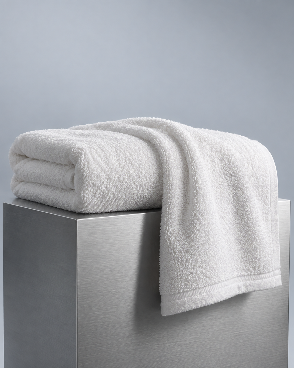 An oversized white terry towel draped over a brushed metal pedestal.